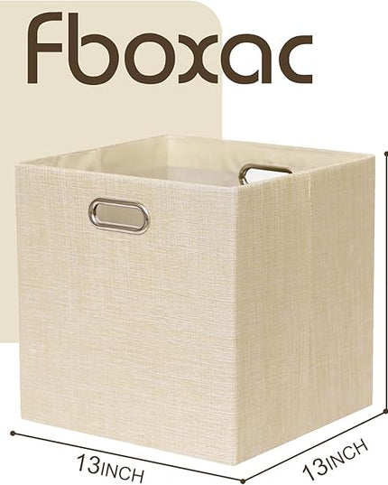 Cube Storage Bins 13×13 Inch Linen Foldable Box with Handles, Collapsible Organization Basket Set of 4 Large Capacity Drawer for Closet Shelf Cabinet Bookcase Bedroom, Beige
