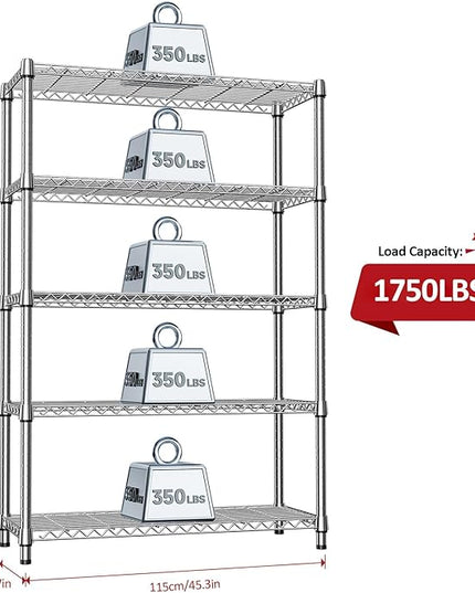 IZEUK 1750LBS Garage Shelving Wide Storage Shelves 5 Tier Metal Shelves Heavy Duty Adjustable Utility Shelf Rack (Chrome, 5 Tier, 15.7" D x 45.3" W x 70.9" H)