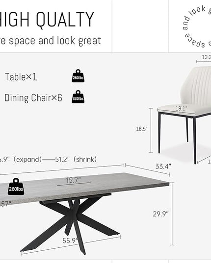 ZckyCine 51"-67" Extendable Dining Table Set with 4 Dining Chairs, Modern Rectangular Kitchen Table Set for 6-8 People, Space-Saving Expandable Dining Table with Metal Frame Dining Room