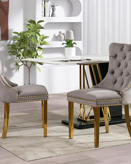 SoarFlash Velvet Dining Chair Set of 4, Upholstered Tufted Dining Room Chair with Nailhead Trim and Solid Gold Plated Leg for Kitchen (Grey)