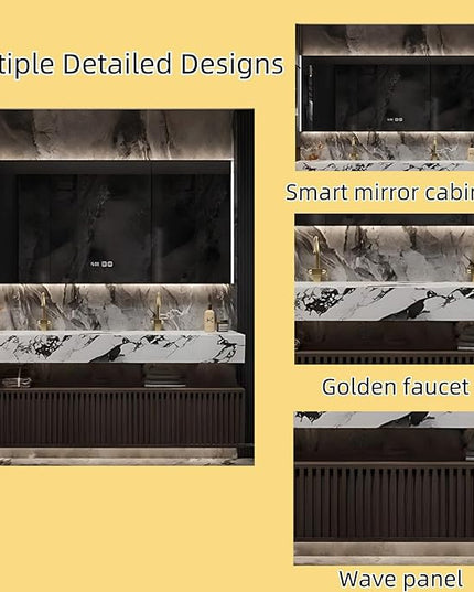 72IN Modern Double Basin Bathroom Vanity Set - Suspended Bathroom Vanity with Sinks includes Smart LED Defogging Mirror Cabinet & Time Display | 2 Drawers & Open Partitions, Wave Panel (Style B)