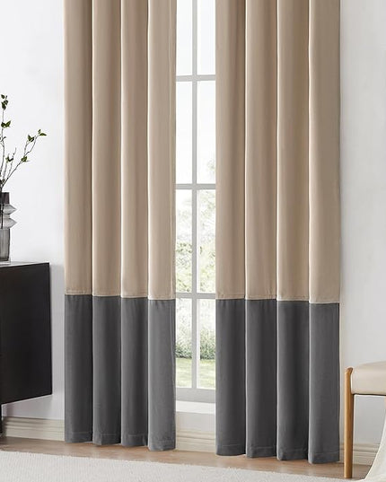 BULBUL Champagne Grey Color Block Window Curtains Panels 102 inches Long Velvet Farmhouse Drapes for Bedroom Living Room Darkening Treatment with Grommet Set of 2