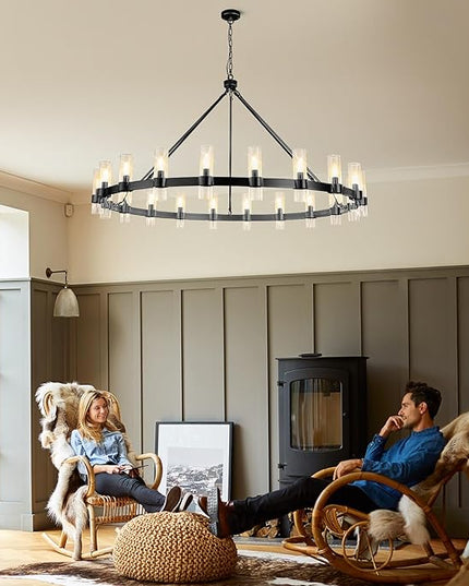 20-Light Large Black Wagon Wheel Chandelier with Glass Shades, 60 Inch Farmhouse Industrial Round Chandelier for High Ceilings, Pendant Lighting Fixture for Dining Living Room Kitchen Island Foyer