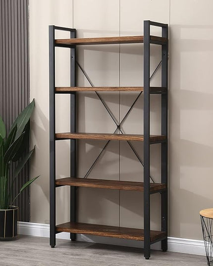 5 Tier Bookcase, Solid Wood Bookshelf Rustic Vintage Industrial Etagere Bookcase, Metal and Wood Free Vintage Bookshelf, Retro Brown (5-Tiers)