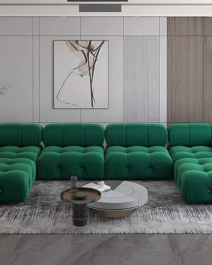 JACH 138" Convertible Modular Sectional Couch, U-Shaped Minimalist Velvet Sofas, Mid-Century Modern Comfy Sectional Couches with Chaise Ottomans for Living Room Office Apartment (Green)