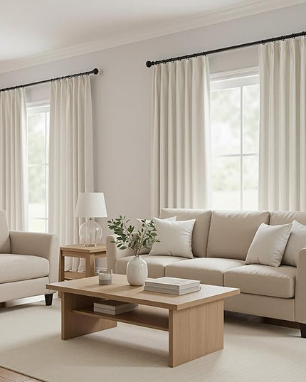 MYSKY HOME Beige Blackout Curtains 90 inches Long Natural Pinch Pleated Curtains for Living Room Bedroom 100% Room Darkening Black Out Window Drapes with Hooks Back Tab, 40" Wide per Panel, 2 Pieces
