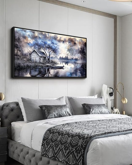 ERQINHUA Wall Art For Living Room Canvas Wall Decor For Bedroom Office Decoration Blue Tree Lakeside Landscape Painting Art Print Modern Beach Posters Ready To Hang Home Decor Black Frame 20"x40"