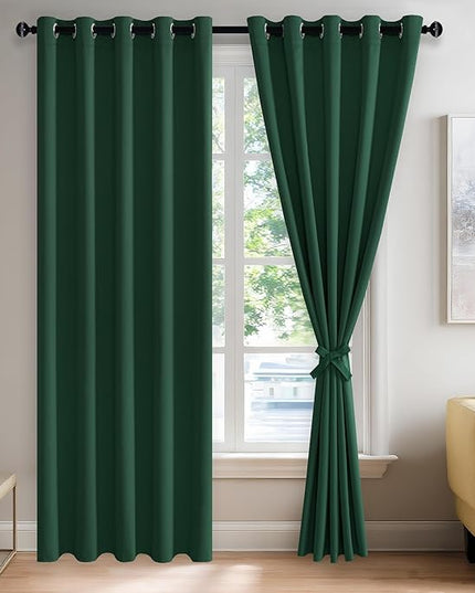JIUZHEN Forest Green Blackout Curtains with Tiebacks, Light Blocking and Noise Reducing Grommet Curtains for Bedroom and Living Room, Set of 2 Window Curtain Panels, 60 x 84 Inch Length