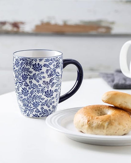 Selamica 16 oz Porcelain Coffee Mugs Set, Ceramic Tea Cup with Handle, dishwasher, oven, microwave safe, Pack of 6, Vintage Blue