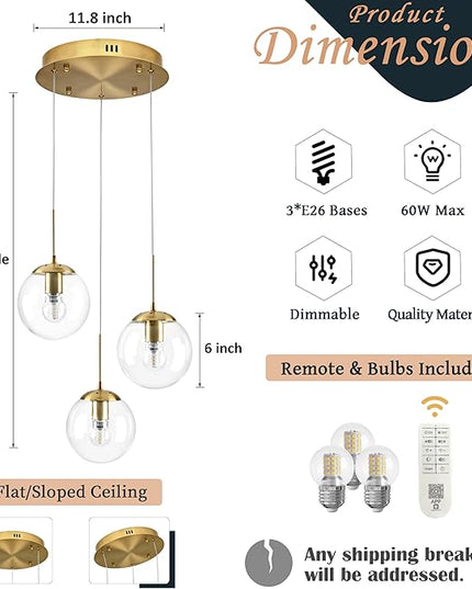 KoKo&Yukina 3-Light Globe Glass Pendant Light Modern Gold Clear Globe Glass Chandelier Adjustable Length Pendant Lights Fixtures High Ceiling Light for Kitchen Island Foyer (Bulb & Remote Incl.)