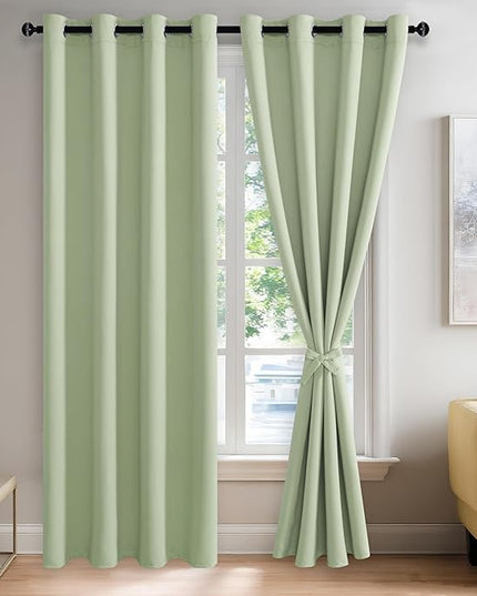 JIUZHEN Light Green Blackout Curtains with Tiebacks-Thermal Insulated, Light Blocking and Noise Reducing Grommet Curtain Drapes for Bedroom and Living Room, Set of 2 Curtain Panels, 52x84 Inch Length