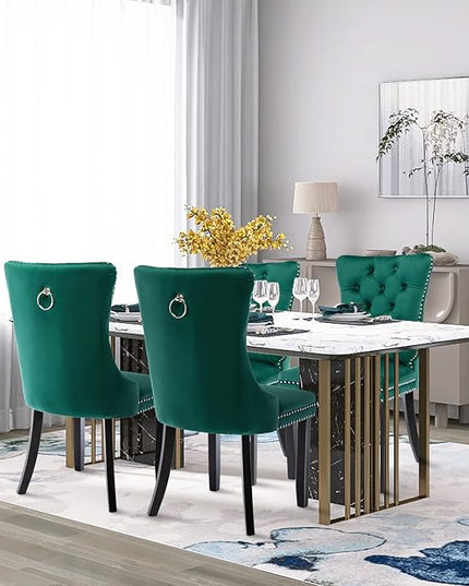 SoarFlash Velvet Dining Chairs Set of 2, Tall Back Side Chair, Modern Upholstered High-end Tufted Side Chair with Button Back Ring, Solid Wood Legs (Green)