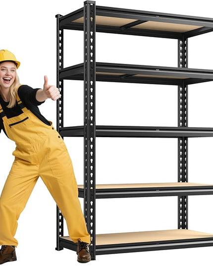 72.12" H Garage Shelving, Storage Shelves Load 2100LBS, 5-Tier Adjustable Shelving Unit with Thickened Wooden Boards for Multiple Scenarios, 72.12" H x 35.55" W x 11.85" D, Black