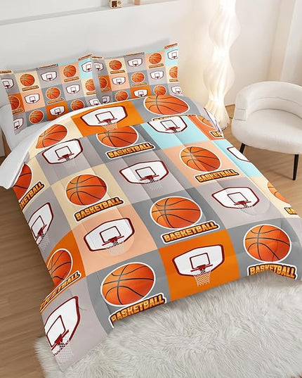 Basketball Bedding Kids Comforter Set King Size,Sports Style Basketball Printing Bedding Set for Teens Boys Room Decor,Ball Sports Games Comforter Set Soft Kids Bedding with 2 Pillowcases.