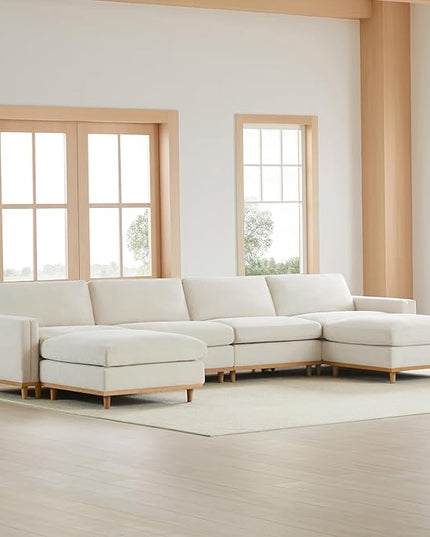 CHITA Super Large Luxury U Shape Convertible Sectional Modular Sofa, Down Filled Modern Sofa, Deep Seat Cloud Couch, 153 inch Width, 6 Seat Couch with Chaise, 2 Ottomans, Solid Wood Leg, Linen
