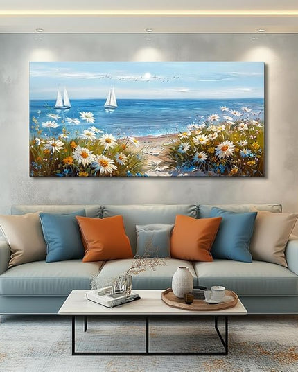 PHAOHUAXM Large Blue Ocean Landscape Canvas Printing Picture Wall Art For Living Room Farmhouse Dinin Mural White Flowers Bedroom Office Wall Decor Home Decor Painting Easy To Hang 30x60 Inches