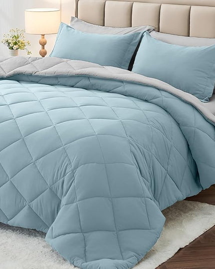 MUXHOMO 7 Pieces King Comforter Set, Reversible Bed in a Bag King Size, All Season Bedding Set with Comforter, Flat Sheet, Fitted Sheet, Pillowcases & Shams, Greyish Blue & Light Grey