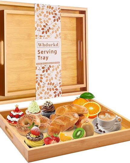 Wooden Serving Tray with Handles Decorative Bamboo Large Coffee Table Food Trays for Breakfast Dinner Bed Restaurants Party or Home Decor Outdoor Scenarios 2 Packs