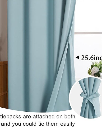 JIUZHEN Light Blue Blackout Curtains with Tiebacks Thermal Insulated, Light Blocking and Noise Reducing Grommet Curtains for and Living Room, Set of 2 Window Curtain Panels, 42 x 84 Inch Length