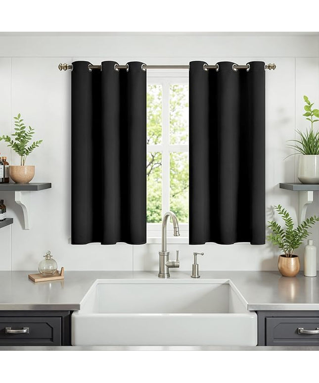 YoungsTex Black Kitchen Window Curtains 40 Inch Length - Short Thermal Insulated Blackout Drapes with Grommet for Small Bathroom Windows, 2 Panels, 34 x 40 Inch