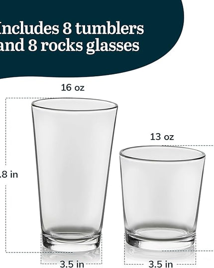 Libbey Flare Tumbler and Rocks Glasses Set, Stylish Lead-Free Drinking Glasses Set of 16, Versatile Dishwasher Safe Kitchen Glassware Set for Parties