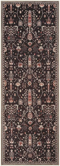 GLN Rugs Bohemian Collection - Machine Washable Area Rug, Bohemian Vintage, Non Slip, Low Pile Chenille Rug, Living Room, Bedroom, Bathroom Rug (2'6"x7' Black)