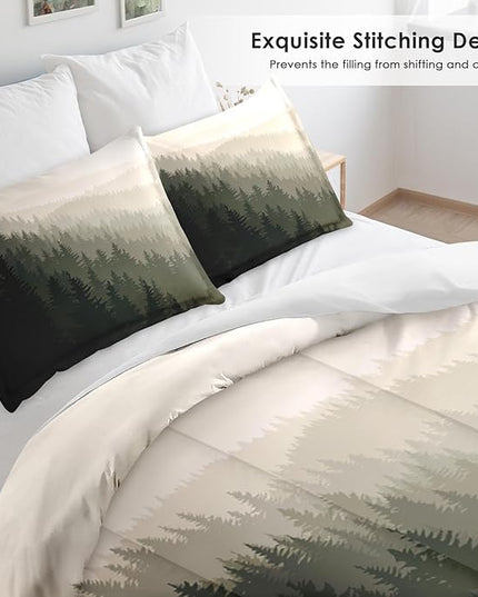 Comforter Set Queen Size, Mountain Pine Tree Forest 3 Pcs Soft Bedding Set for Kids and Adults Natural Landscape Comforter Set with 2 Pillowcases for Bedroom Bed Decor