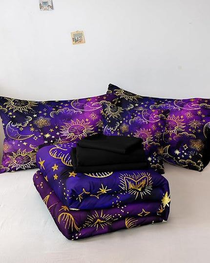 Merryword 8 Pcs Universe Bed in a Bag Sun and Moon Comforter Set California King Size Galaxy Bedding Purple Gold Moon Star Pattern Bohemian Gothic Comforter Set