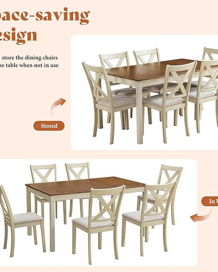 AMERLIFE 7-Piece Farmhouse Solid Wood Dining Table Set with 6 Upholstered Chairs, 60" Space Saving Dinner Table & Chairs Set, for Dining Room, Kitchen, Restaurant, Rustic Cream