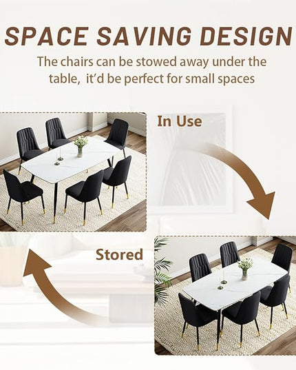 7 Piece Modern Dining Set, 62'' Sintered Stone Dinner Table for 6, 6 Chairs, Easy to Assemble