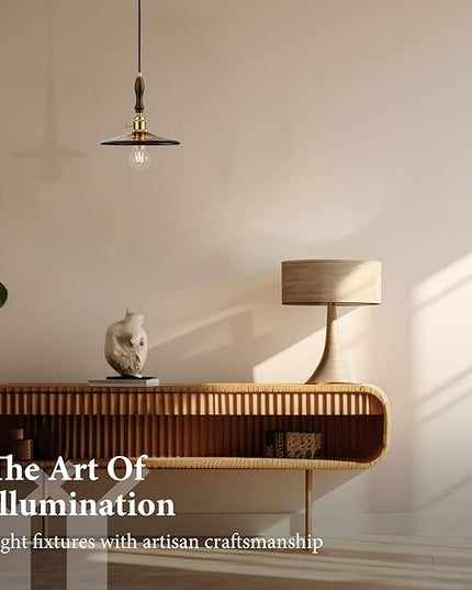 Modern Amber Glass Pendant Light, 9"x7.3" Wide Disc-Shaped Hanging Fixture with Wood & Brass Detail, 15"-72" Adjustable Line, E26 Socket – Golden Amber Disc