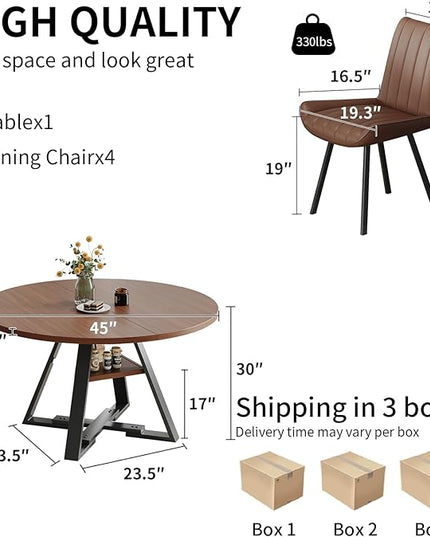 Walnut Round Dining Table Set for 4, Mid-Century Modern Kitchen Table and Chairs, Small Space Dining Room Furniture for Apartment, Breakfast Nook or Studio (Boxwood-Storage Table+4 Brown Chairs)