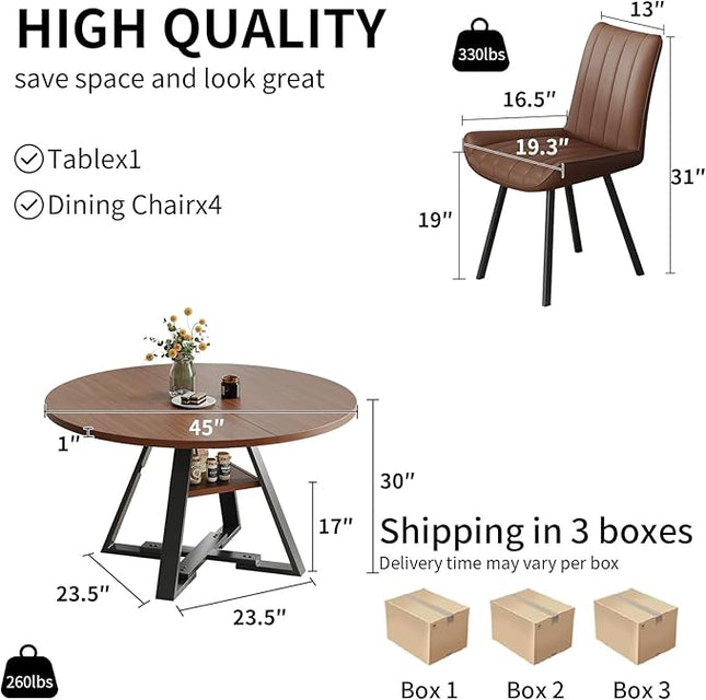 Walnut Round Dining Table Set for 4, Mid-Century Modern Kitchen Table and Chairs, Small Space Dining Room Furniture for Apartment, Breakfast Nook or Studio (Boxwood-Storage Table+4 Brown Chairs)