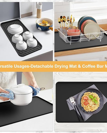 Silicone Coffee Mat, 24''x16'' Bar Mat with Detachable Dish Drying Mat - Fits Under Coffee Maker & Dish Rack