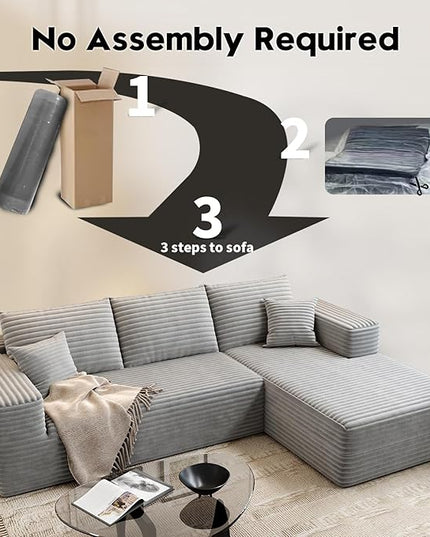 107.5" Cloud Modular Sectional Sofa Couch with L-Shape Chaise,Modern Minimalist Upholstered Couches for Living Room Bedroom,Deep Seat Corner Couch，No Assembly Required (Grey,Right Facing Chaise)