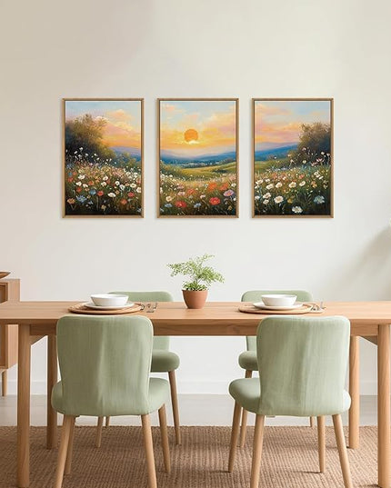 HOURIA Watercolor Sunset Floral Meadow Landscape Framed Canvas Wall Art Set,Boho Vibrant Colorful Wildflower Decor,Modern Nature Inspired Scenery Artwork for Living Room,Bedroom,Farmhouse-16 x24 x3