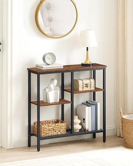 HOOBRO Narrow Console Table, Sofa Table, 4-Tier Industrial Entryway Table with Metal Mesh Shelf, Hallway Table with Adjustable Feet, for Entryway, Living Room, Hallway, Rustic Brown and Black BF79XG01