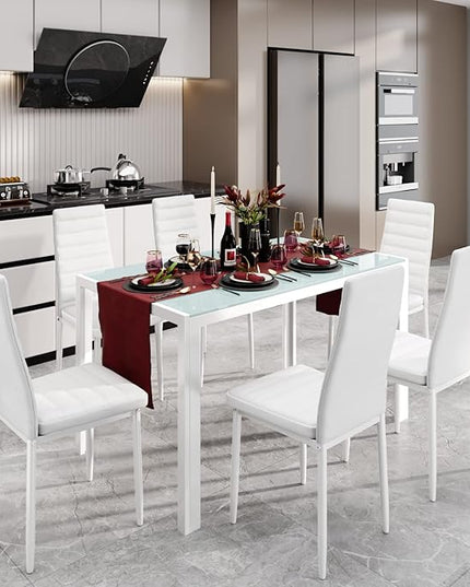 Gizoon Glass Dining Table Sets for 6, 7 Piece Kitchen Table and Chairs Set for 6 Person, PU Leather Modern Dining Room Sets for Home, Kitchen, Living Room