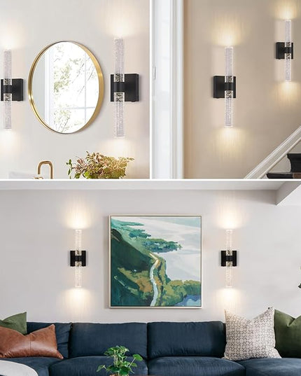 Battery Operated Crystal Wall Sconce Set of Two, Rechargeable Modern Vanity Light Fixtures With Remote Control, 3000K-6000K Dimmable Black LED Wall Lights for Bathroom Bedroom Living Room Hallway