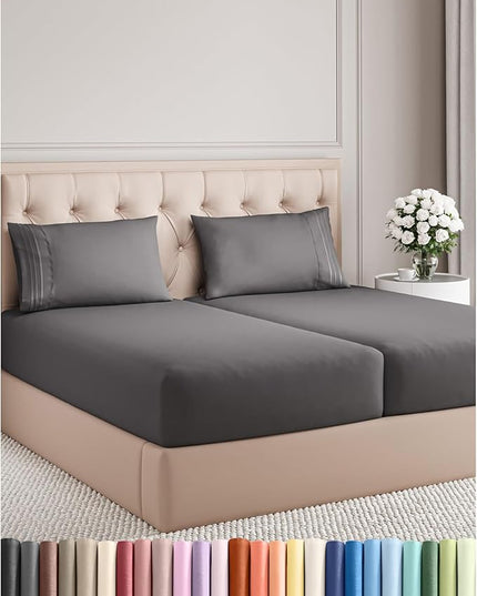 Split King Size 5 Piece Sheet Set - Comfy Breathable & Cooling Bed Sheets Set - Hotel Luxury Bedding for Women, Men, Kids, Teens, Boys & Girls - Deep Pockets, Soft, Wrinkle Free - Oeko-Tex - Dark Grey