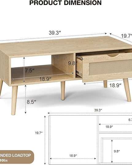 Coffee Table with Storage, Boho Dining Table with Rattan Drawer and Solid Wood Legs, Small Coffee Tables for Living Room, Oak