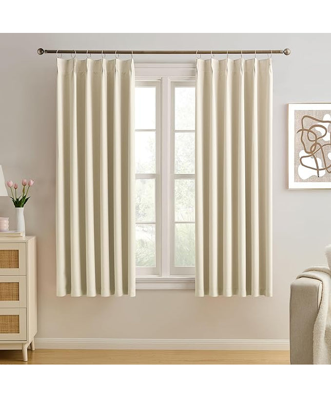 KEQIAOSUOCAI Cream Beige Curtains 63 Inches Long, Summer Heat Thermal Insulated Pinch Pleat Viral Black Out Drapes Cute Window Drapes for Bedroom(Pinch Pleated,40"x63"x2 Panels)