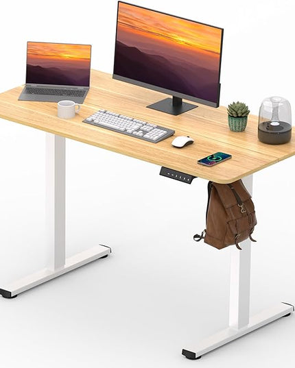 Adjustable Stand Up Desk with Memory Preset,Electric Standing Desk 47 x 24 Inch Home Office Desk Computer Workstation Sit Stand Desk, Splice Maple Top + White Frame