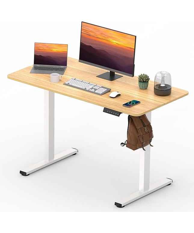 Adjustable Stand Up Desk with Memory Preset,Electric Standing Desk 47 x 24 Inch Home Office Desk Computer Workstation Sit Stand Desk, Splice Maple Top + White Frame