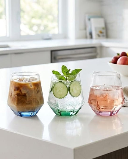 ColoVie Stemless Wine Glasses Set of 6, Cocktail Glasses, Diamond Shaped Wine Glasses for White or Red Wine, Unique Colorful Drinking Glasses,10 oz Easy Hold, Cute, Dishwasher Safe