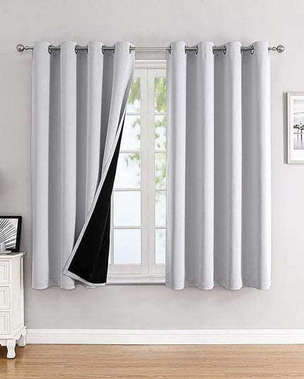 ChrisDowa 100% Blackout Curtains for Bedroom with Black Liner, 2 Thick Layers Total Blackout Thermal Insulated Grommet Window Curtains 2 Panels Set (Greyish White, 52 x 63 Inch)