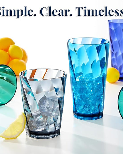 US Acrylic Optix Plastic Reusable Drinking Glasses (Set of 16) 14oz Rocks & 20oz Water Cups in Coastal Colors | BPA-Free Tumblers, Made in USA | Top-Rack Dishwasher Safe