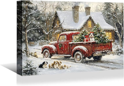 YONICA Christmas Wall Decor Christmas Canvas Wall Art Home Decorations 16x12 Inches - Christmas Pictures Red Truck and Pet Dog s Prints Winter Painting Xmas Artworks for Living Room Bedroom
