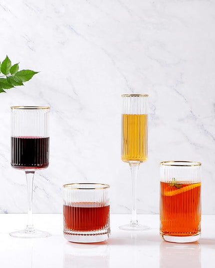 Lysenn Vintage Glassware Set - Ribbed & Fluted Wine, Champagne, Whiskey & Highball Glasses for Wedding or Party, Set of 4