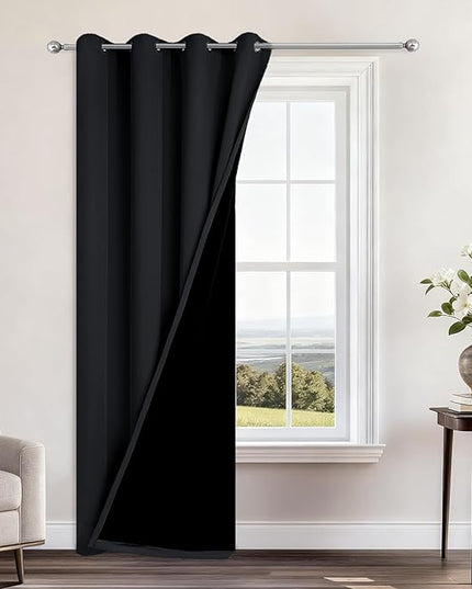 Yakamok 100% Blackout Curtains 96 Inches Long, 2 Thick Layers Heat and Full Light Blocking Soft Thermal Insulated Drapes for Bedroom(52" Wide Each Panel, Black, 1 Panel)